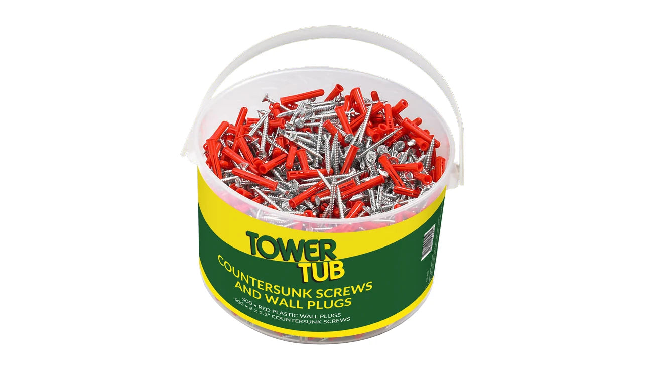 Tower 500 x Red Plastic Wall Plugs & 500 x 8 x 1.5” Countersunk Screws
