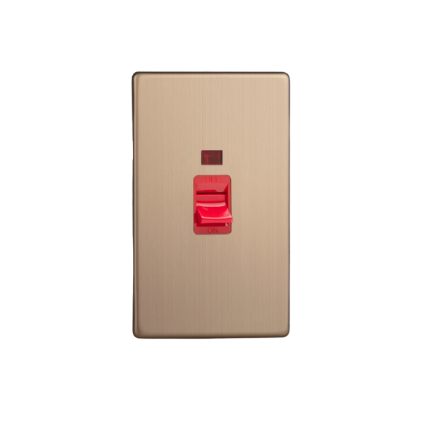 Brushed Copper Urban Screwless 45A Cooker Switch + Neon (Vertical Twin Plate, Red Rocker) XDY45NS.BC image 0