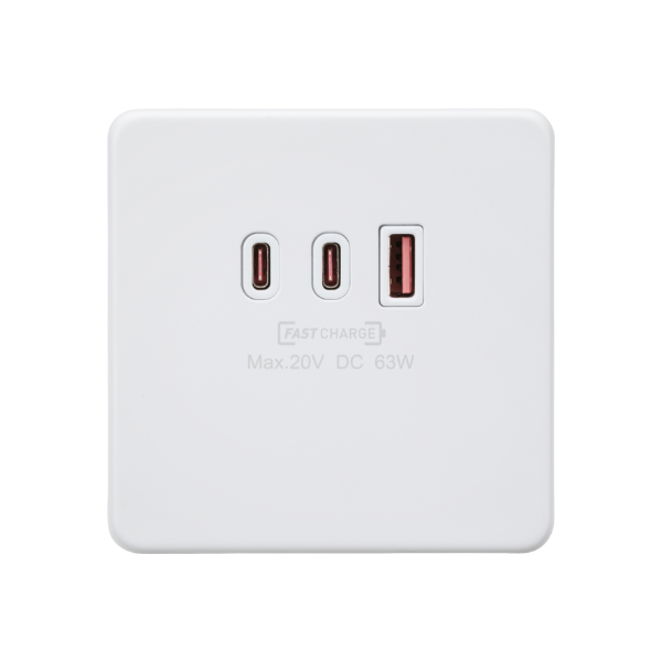 Matt White 230V Triple USB Charger Plate 2xUSB-C 1xUSB-A [20V DC Max. 63W] - SF63WMW image 0