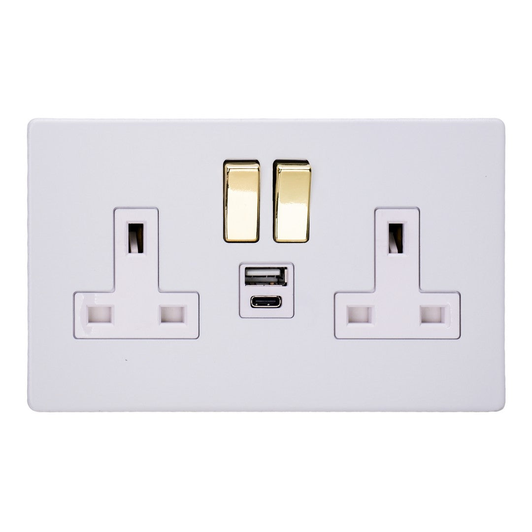 Varilight Primed 2-Gang 13A Single Pole Switched Socket with 1x USB A & 1x USB C Charging Ports – XDY5UACVWS.PD image 0