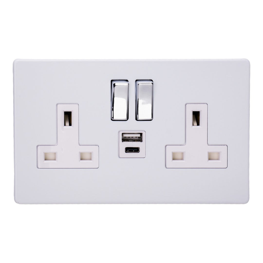Varilight Primed 2-Gang 13A Single Pole Switched Socket with 1x USB A & 1x USB C Charging Ports - XDY5UACWS.PD image 0
