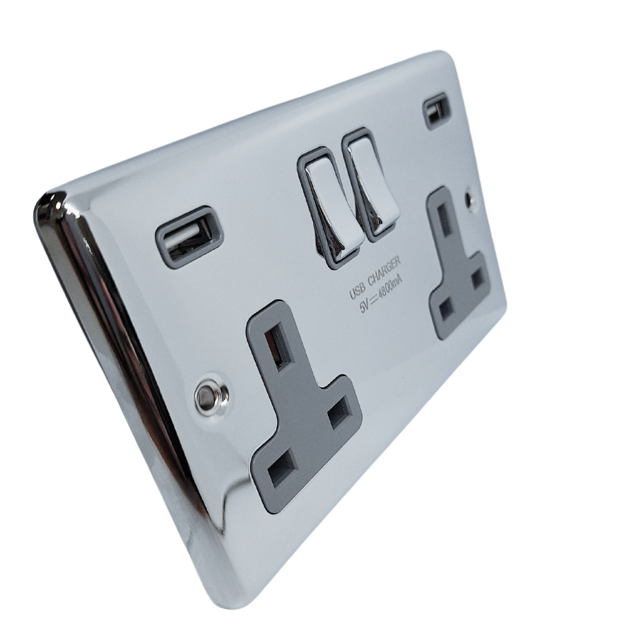 Polished Chrome USB – Twin Ports 4.8a Grey Insert – W66PCG image 0