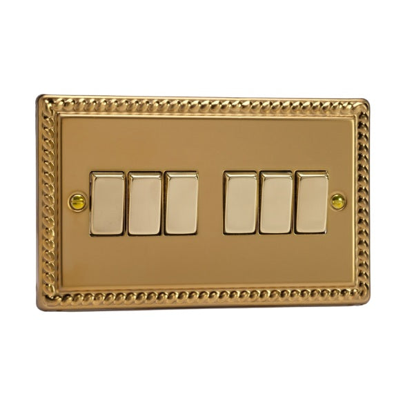 Varilight Georgian Brass 6-Gang 10A 1- or 2-Way Rocker Switch (Twin Plate) - XG96D image 0