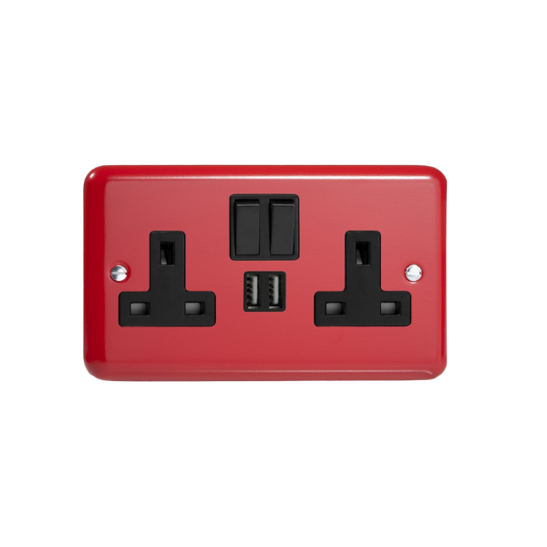 Pillar Box Red 2-Gang 13A Single Pole Switched Socket + 2x5V DC 2100mA USB Charging Ports XY5U2SB.PR image 0