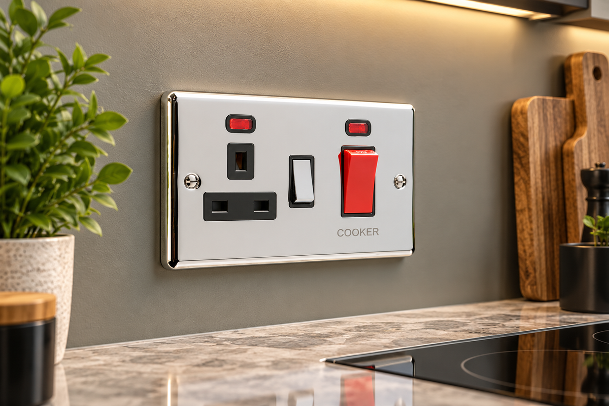 Polished Chrome 45A Cooker Switch with Socket - W41PCB