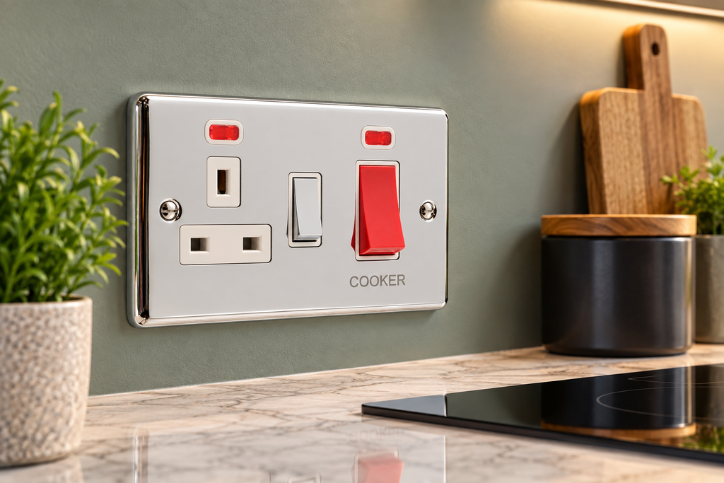 Polished Chrome 45A Cooker Switch with Socket - W41PCW