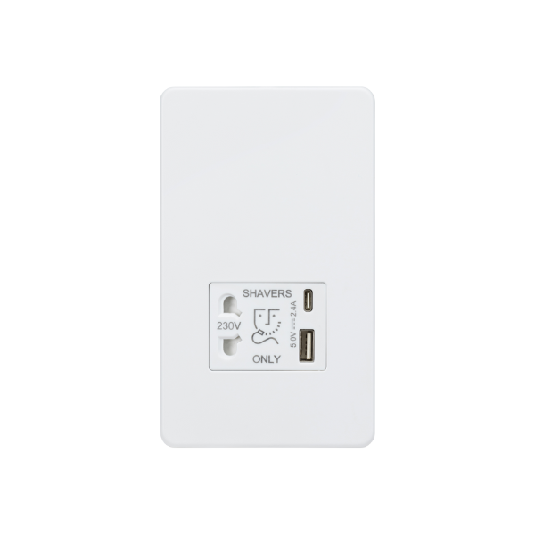Matt White 230V Shaver Socket with Dual USB A+C [5V DC 2.4A shared] with White Insert - SF8909MW image 0