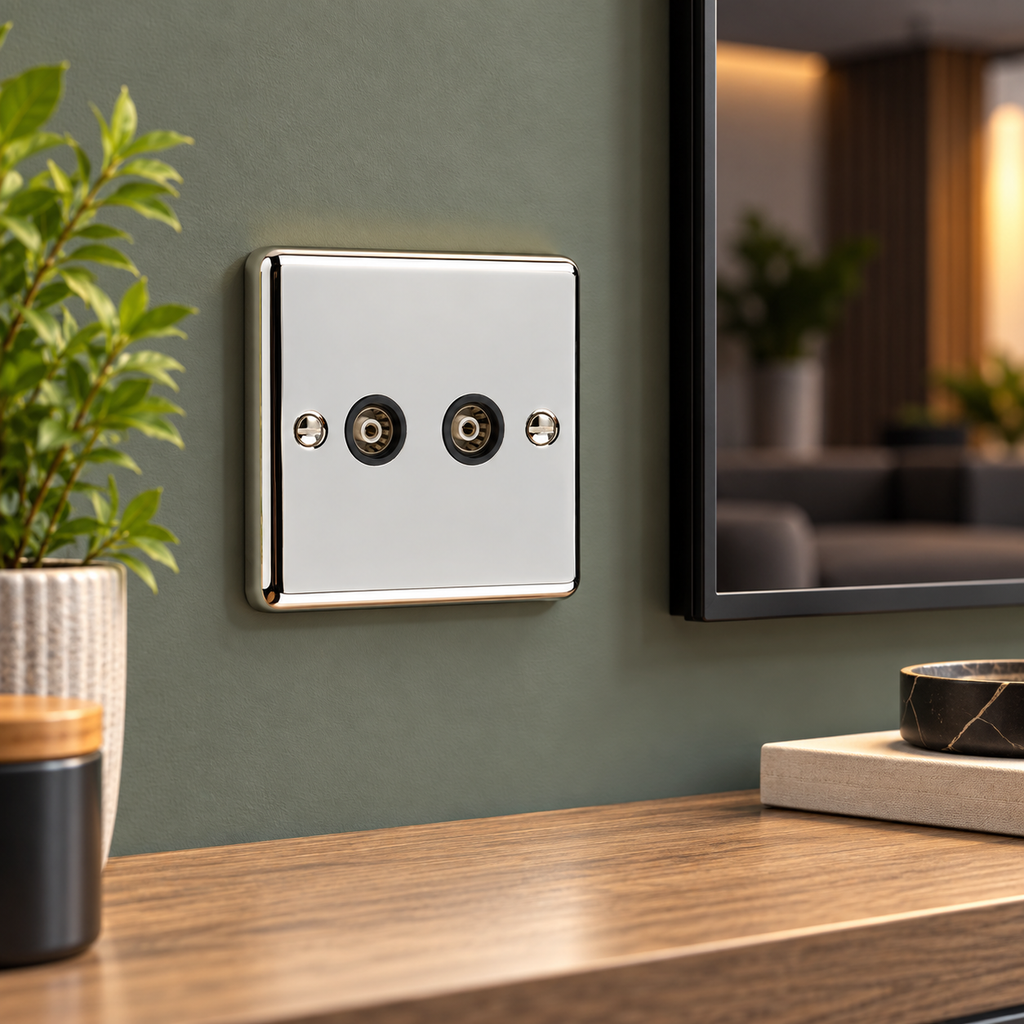 Polished Chrome 2 Gang TV Coaxial Outlet - W43PCB
