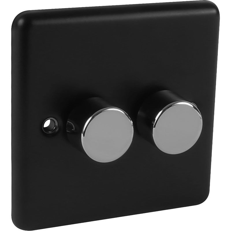 Matt Black 2 Gang Push Intelligent 150W LED Dimmer 2-Way with Polished Chrome Dimmers - W11MBPC-IN25 image 0