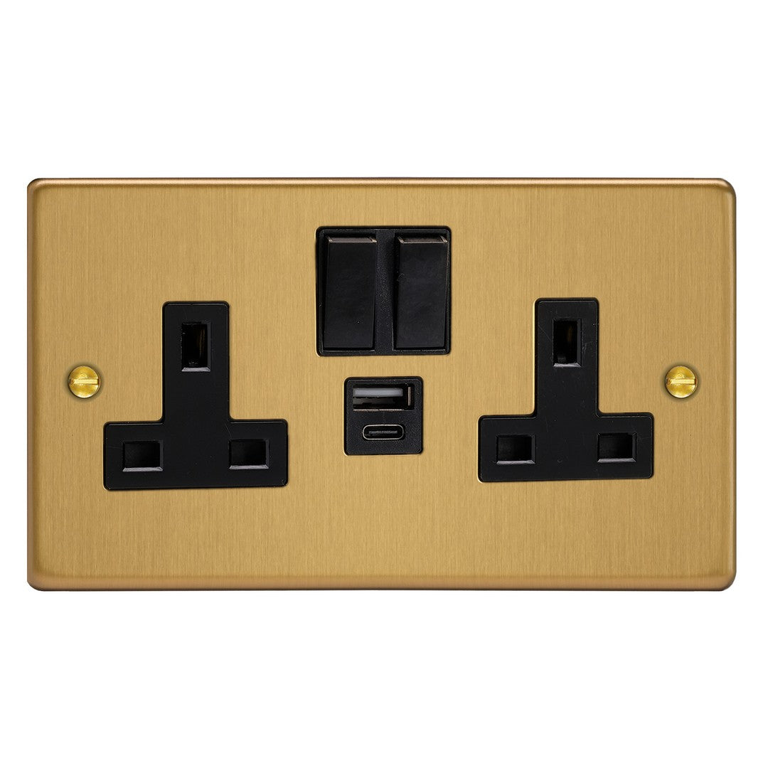 Brushed Brass 2-Gang 13A Single Pole Switched Socket with 1x USB A & 1x USB C Charging Ports XDE5UACB.BB image 0