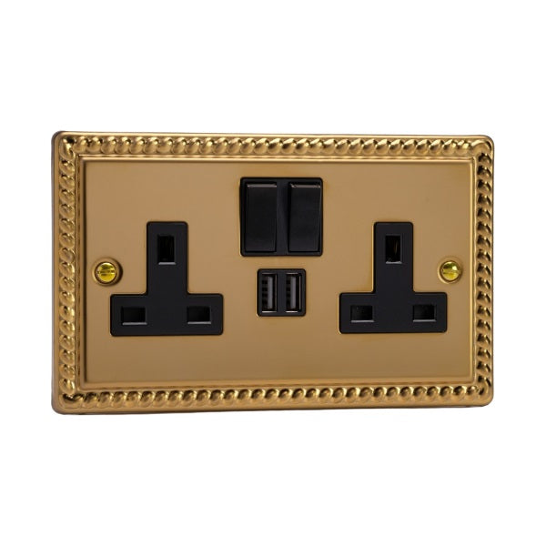 Varilight Georgian Brass 2-Gang 13A Unswitched Socket + 2x5V DC 2100mA USB Charging Ports - XG5U2SB image 0