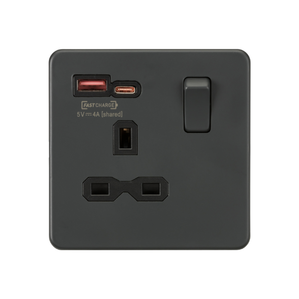 Anthracite 13A 1G SP Switched Socket with Dual USB A+C 12V DC 1.5A [Max. 18W] with Black Insert - SFR9919AT image 0