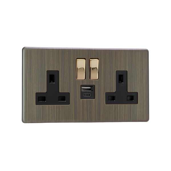 Urban Screwless Antique Brass 2-Gang 13A Single Pole Switched Socket with 1x USB A & 1x USB C Charging Ports XDY5UACBS.AB image 0