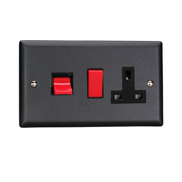 Varilight Vogue Matt Black 45A Cooker Panel with 13A Double Pole Switched Socket Outlet (Red Rocker) - XY45PB.MB image 0