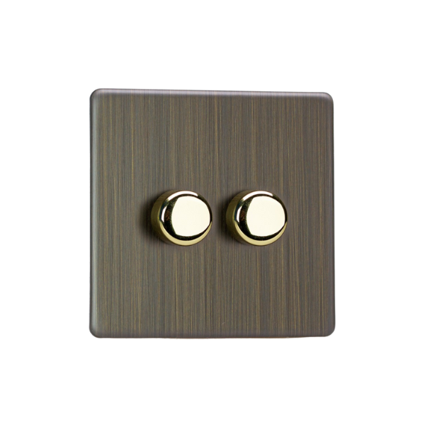 Urban Screwless Antique Brass 2-Gang 2-Way V-Pro Push On/Off Rotary LED Dimmer 2 x 0-120W (1-10 LEDs) JDYP252S.AB image 0