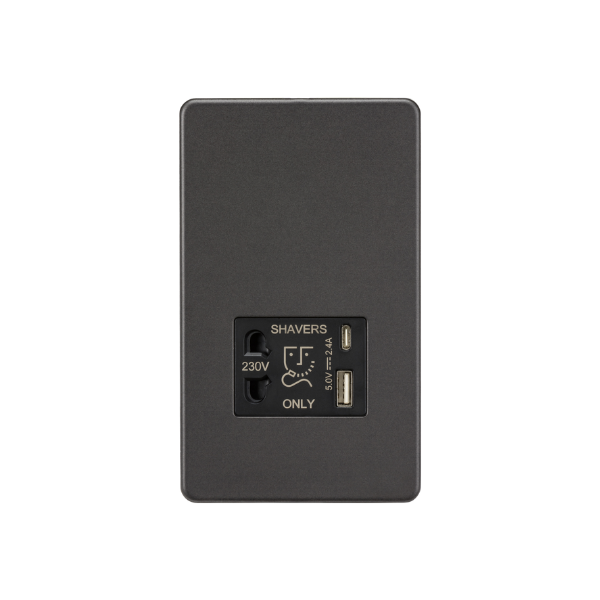 Smoked Bronze 230V Shaver Socket with Dual USB A+C [5V DC 2.4A shared] with Black Insert - SF8909SB image 0