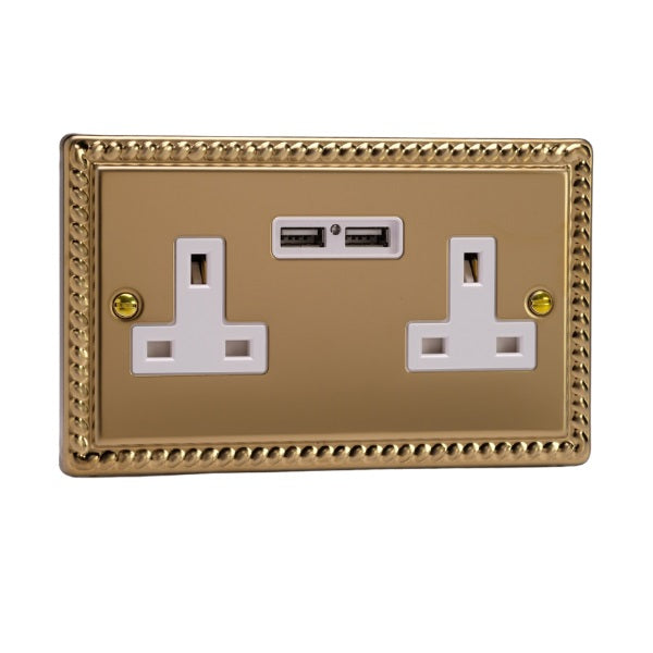 Varilight Georgian Brass 2-Gang 13A Unswitched Socket + 2x5V DC 2100mA USB Charging Ports - XG5U2W image 0