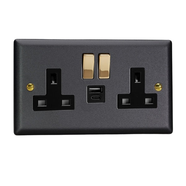 Varilight Vogue Matt Black 2-Gang 13A Single Pole Switched Socket with 1x USB A & 1x USB C Charging Ports - XY5UACVB.MB image 0