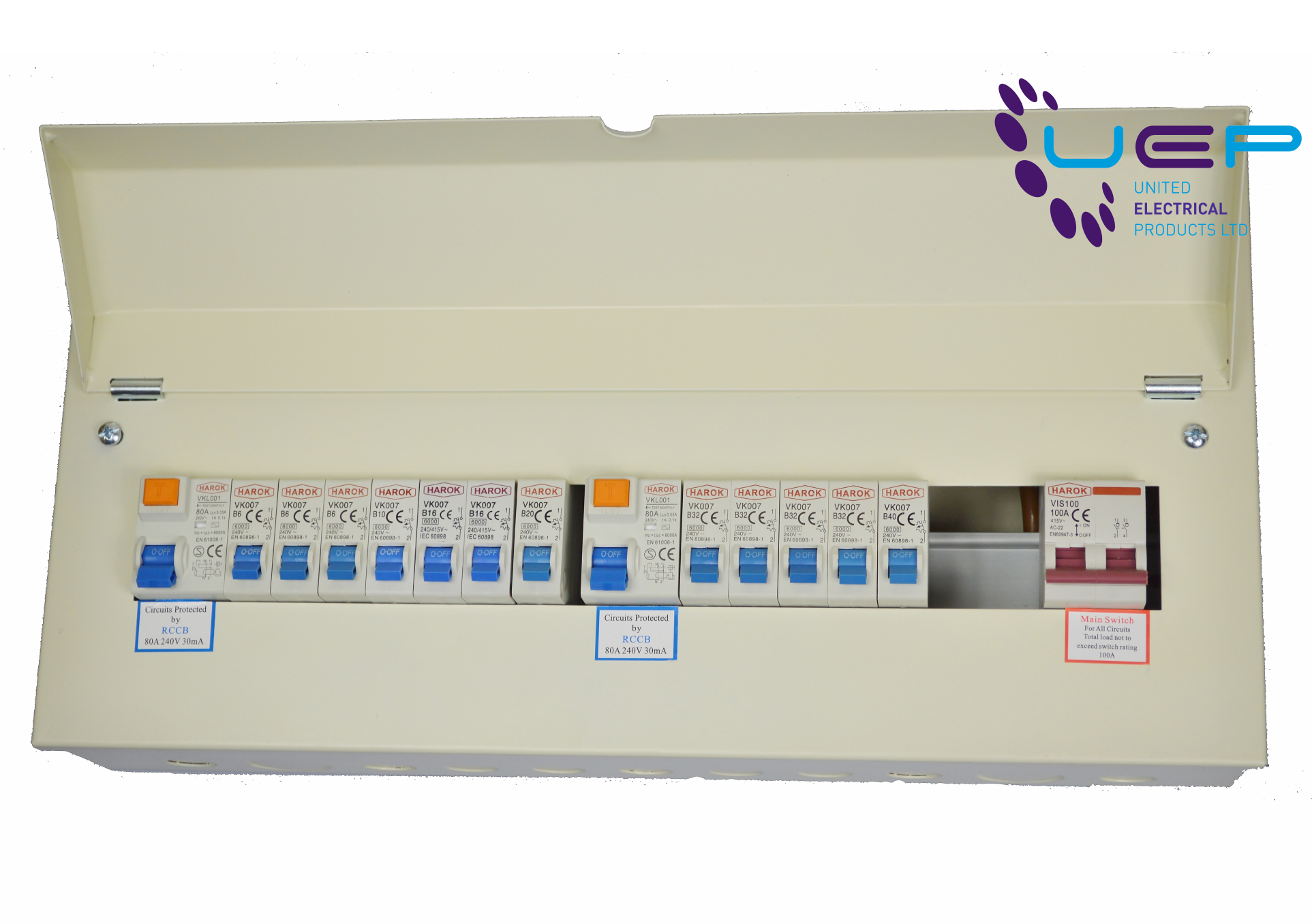 Harok - Amendment 3 Metal Consumer Unit 21 Way - 14 Usable C/w 100a Mainswitch, 80a RCD & 12 MCBs - VUEP908 image 0