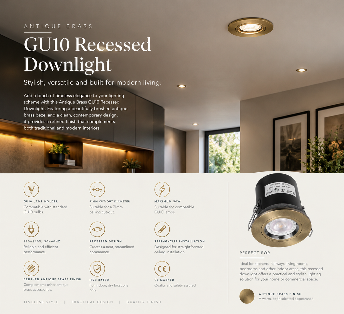 Antique Brass Fixed Fire Rated Downlights with Push Connection - VUEP540