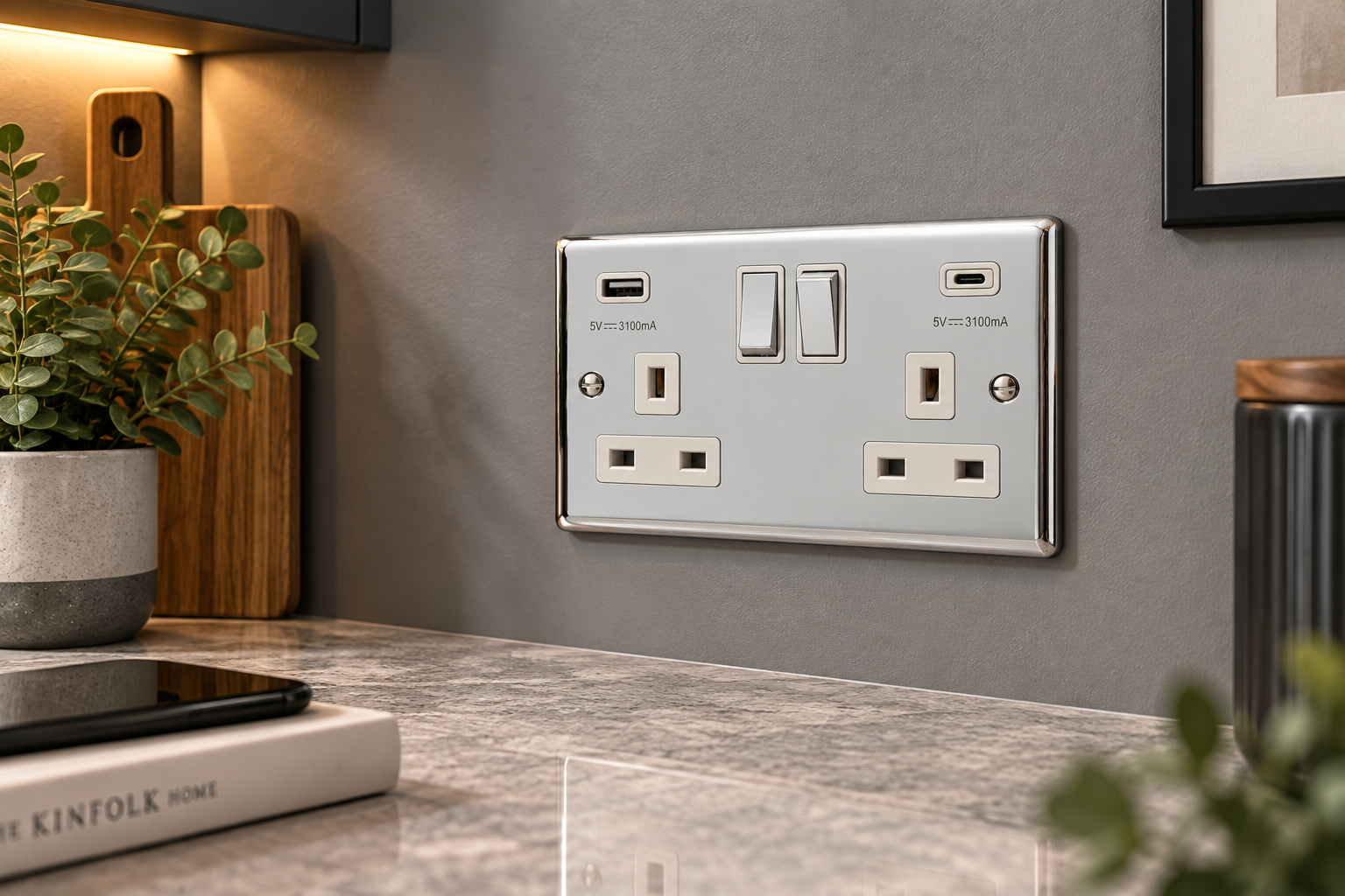 Polished Chrome White USB A & C Type Switched Socket 2 Gang 3.1A – W67PCW