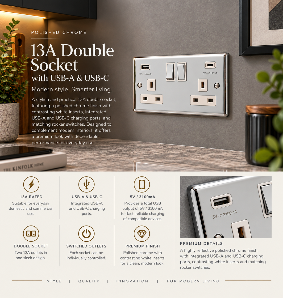 Polished Chrome White USB A & C Type Switched Socket 2 Gang 3.1A – W67PCW
