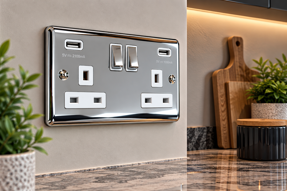 Definition Polished Chrome USB Double Socket – Twin Ports 3.1a – D65PCW