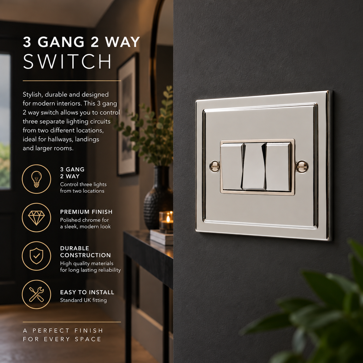 Regency Polished Chrome 3 Gang Treble 10a Light Switch R03PCW