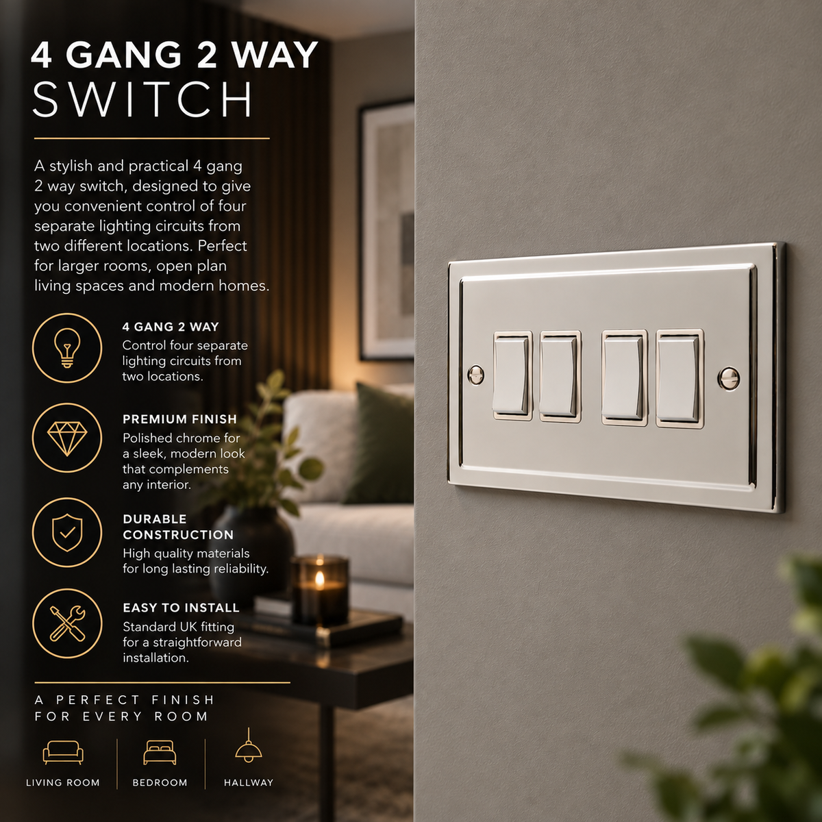 Regency Polished Chrome 4 Gang Quad 10a Light Switch R04PCW