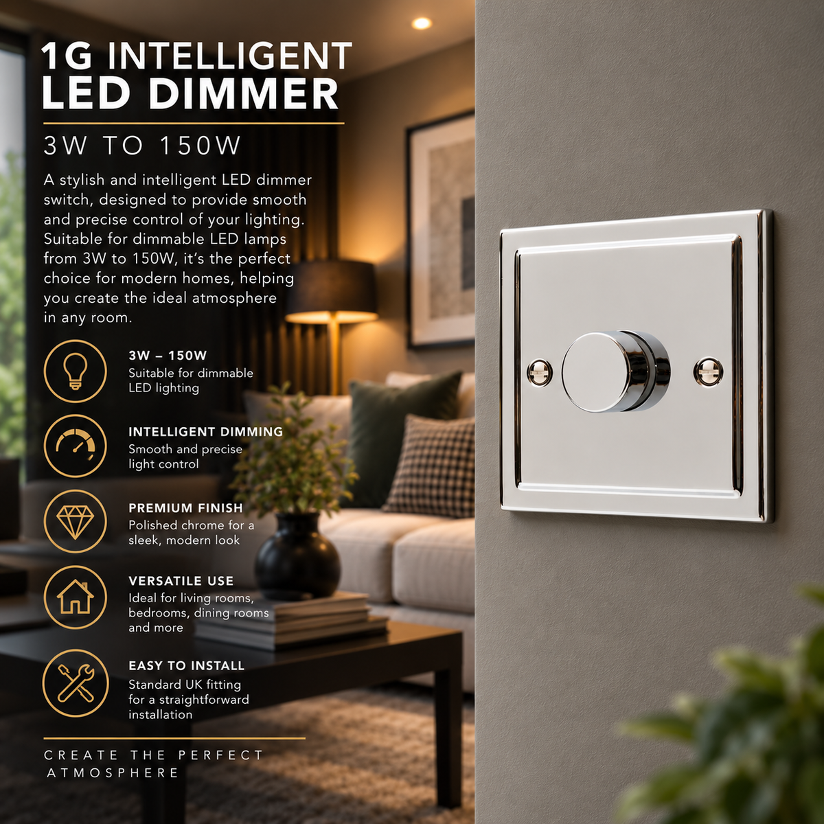 Regency Polished Chrome 1 Gang Intelligent 250W Dimmer Switch R10PC-IN25