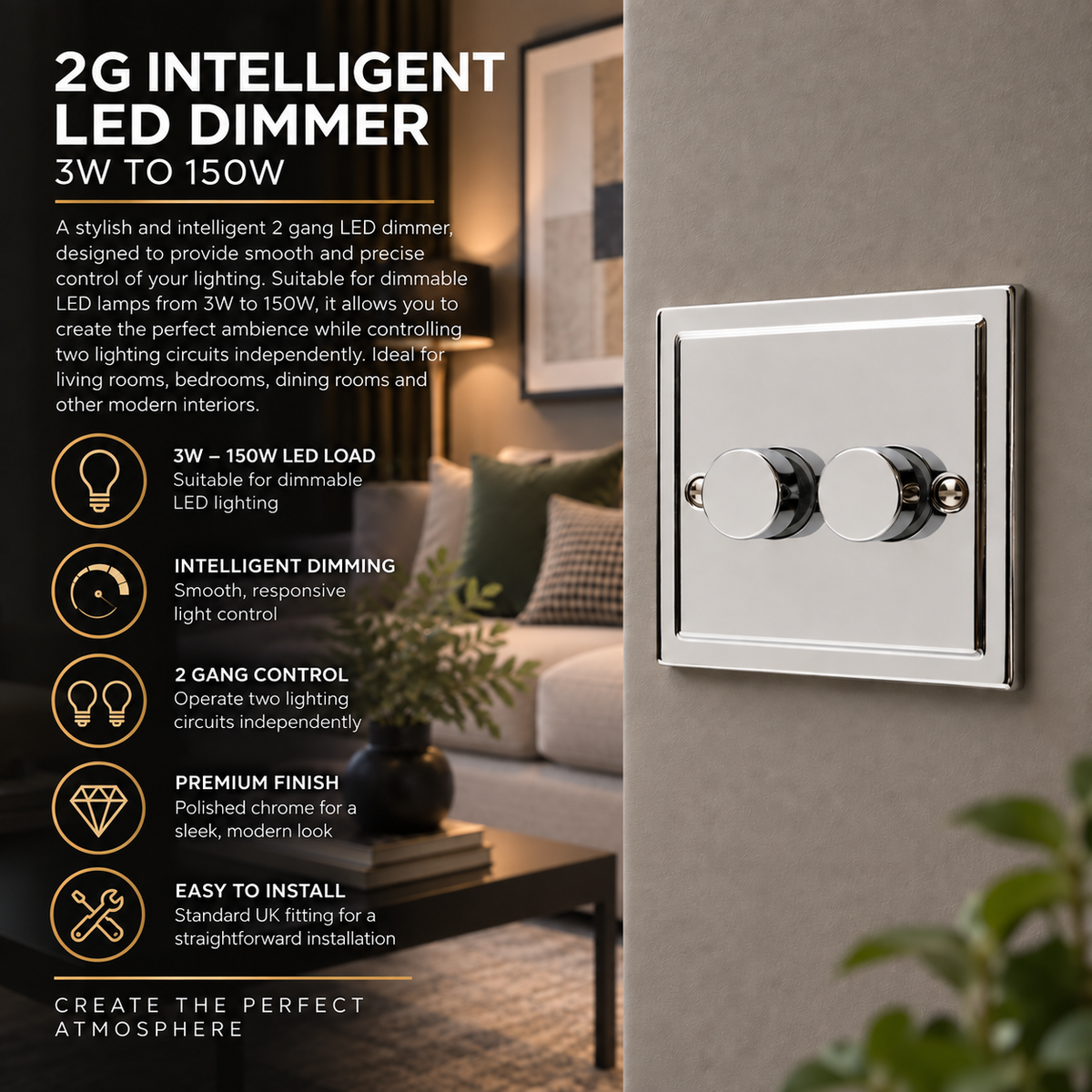 Regency Polished Chrome 2 Gang Intelligent 250W Dimmer Switch R11PC-IN25