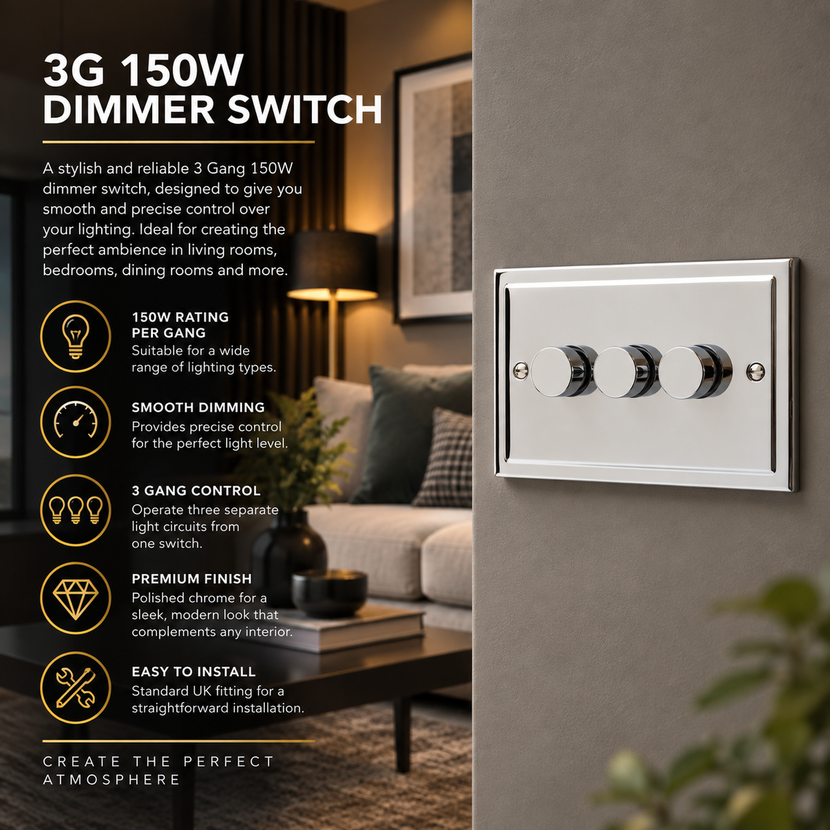 Regency Polished Chrome 3 Gang 250W Dimmer Switch R12PCW