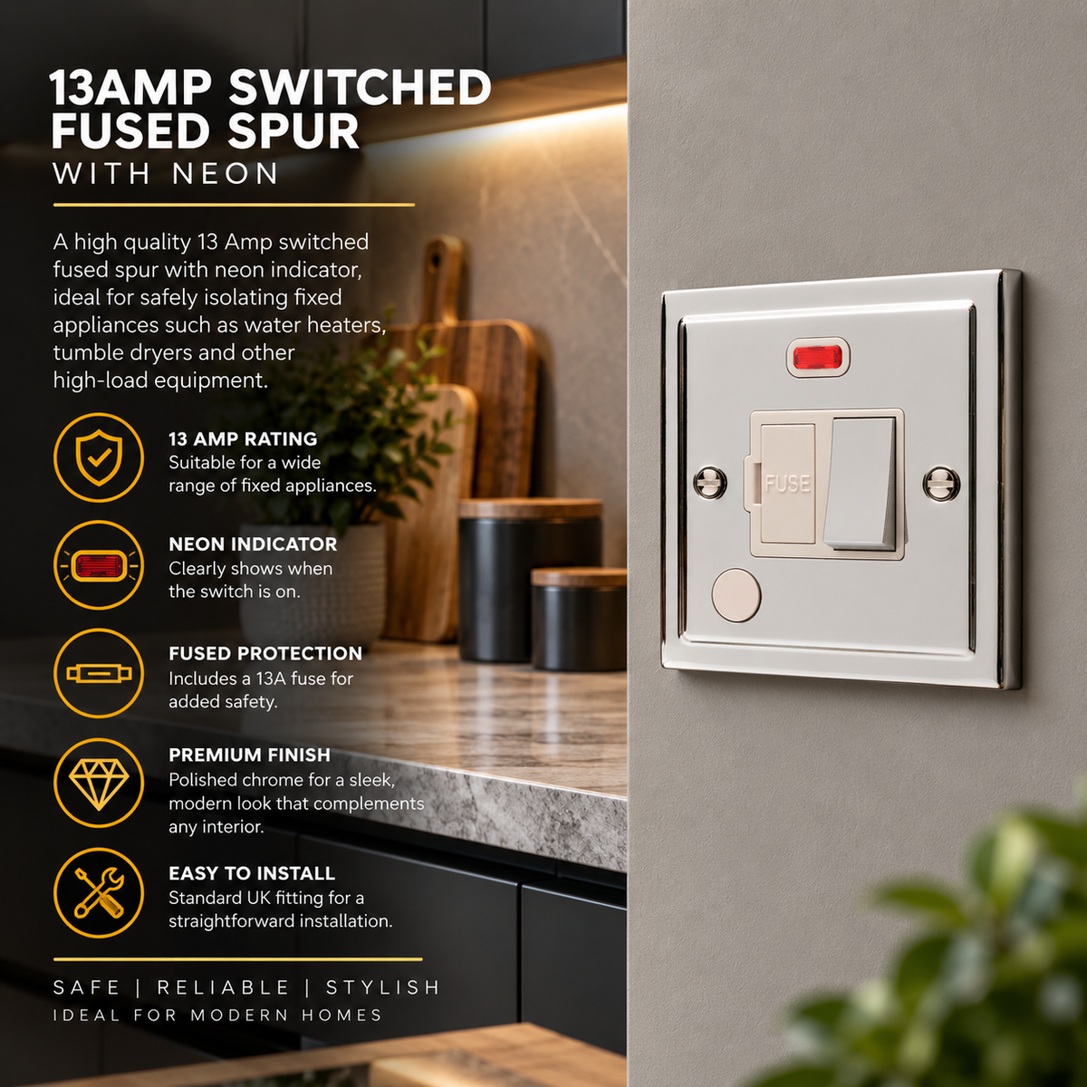 Regency Polished Chrome 13A Switched Fuse Spur with Neon R39PCW