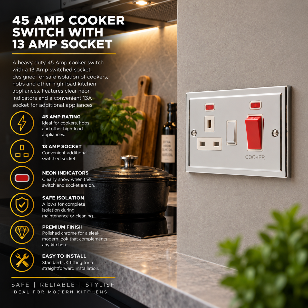 Regency Polished Chrome 45A Cooker Switch with Socket R41PCW