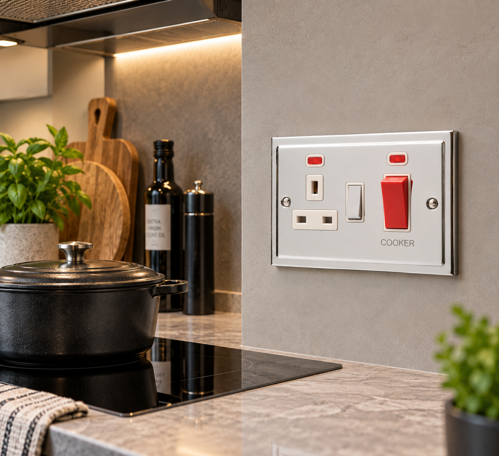 Regency Polished Chrome 45A Cooker Switch with Socket R41PCW