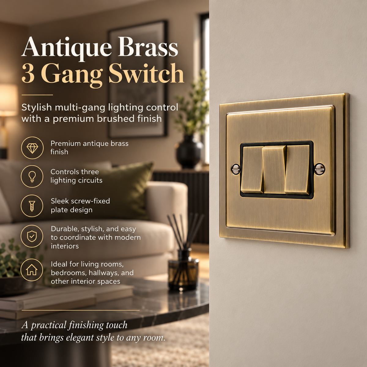 Regency Antique Brass 3 Gang Treble 10a Light Switch R03AB