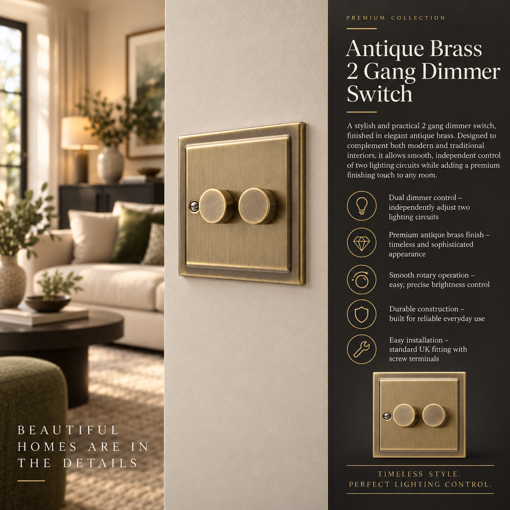 Regency Antique Brass 2 Gang Intelligent 250W Dimmer Switch R11AB-IN25