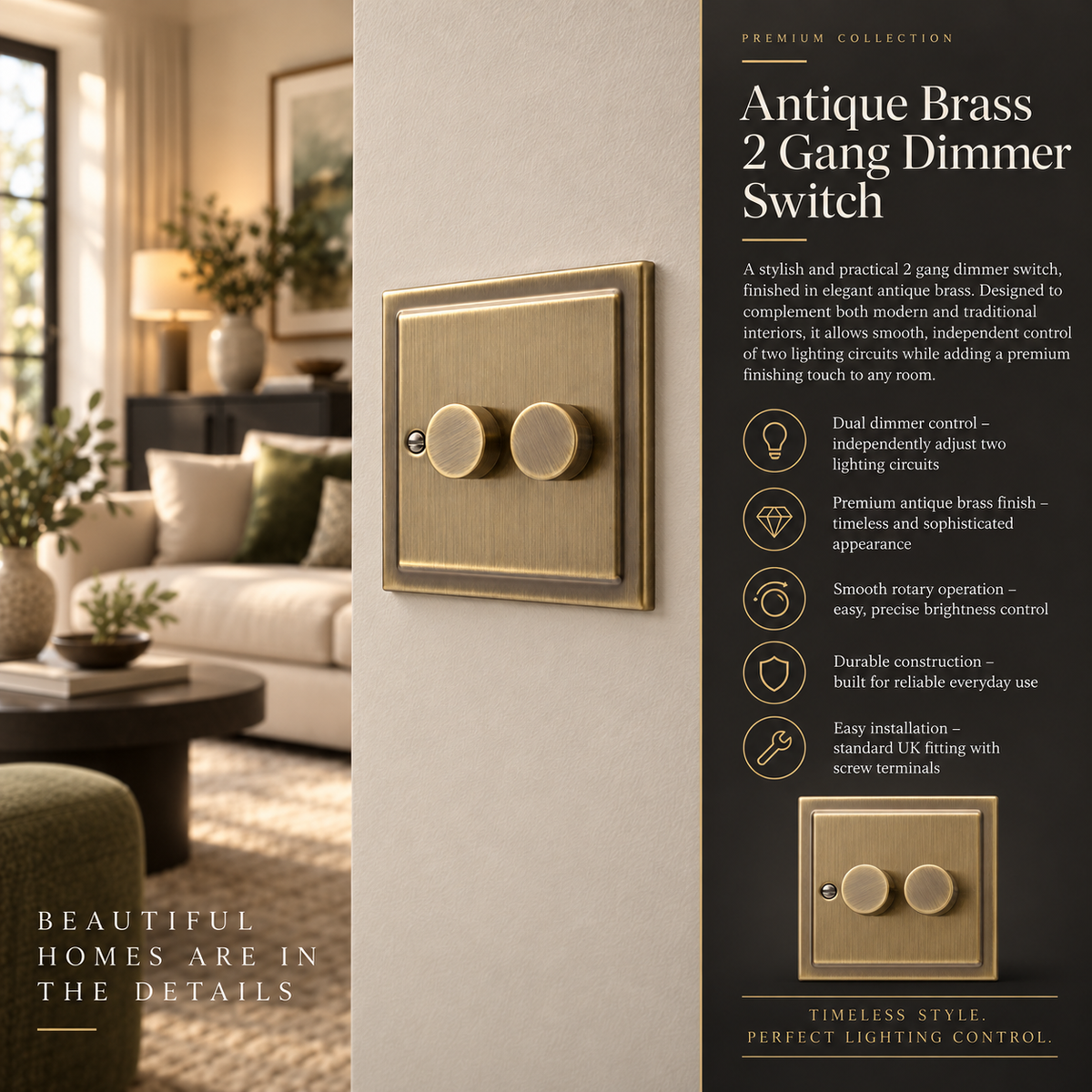 Regency Antique Brass 2 Gang Intelligent 250W Dimmer Switch R11AB-IN25