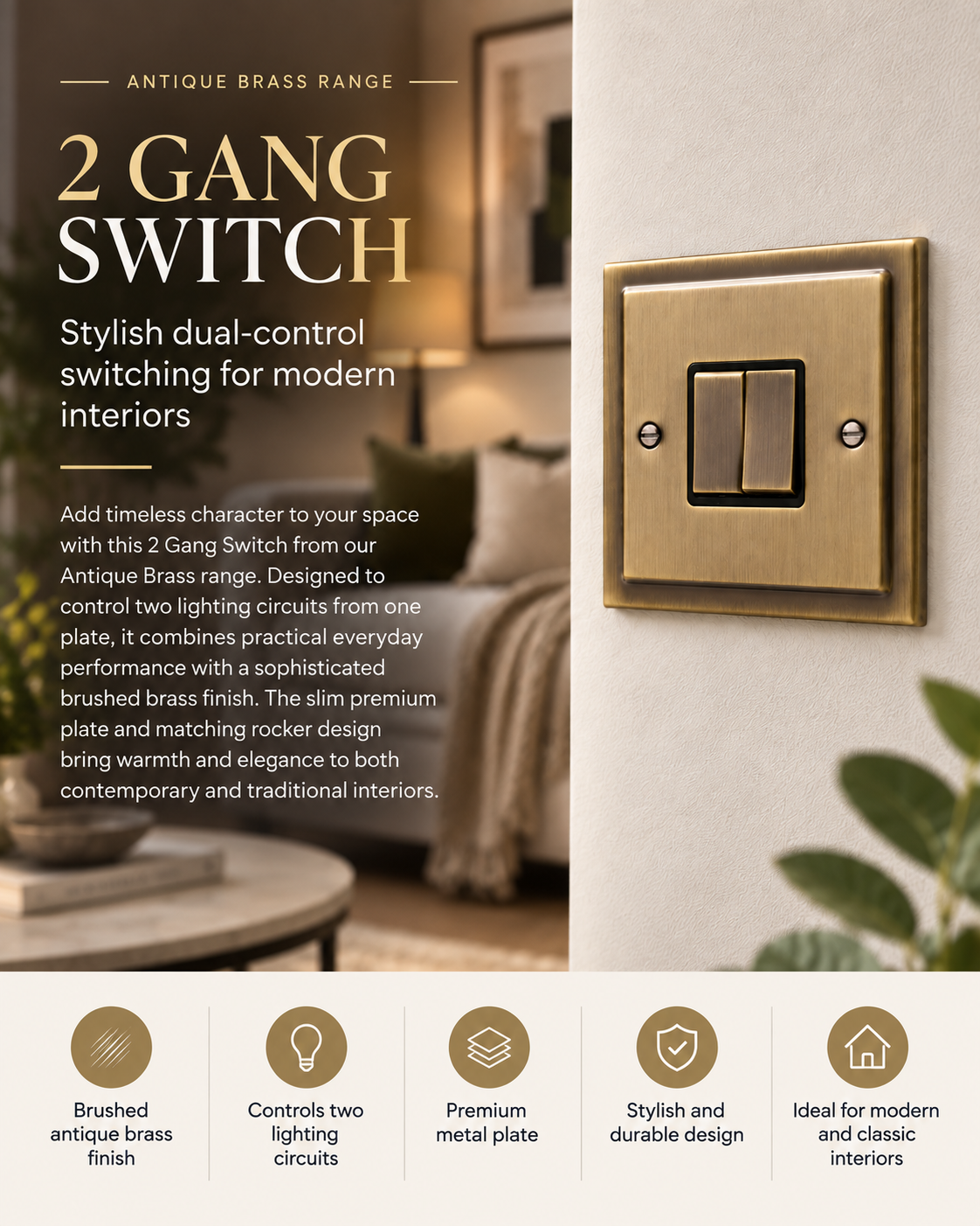 Regency Antique Brass 2 Gang Double 10a Light Switch R02AB