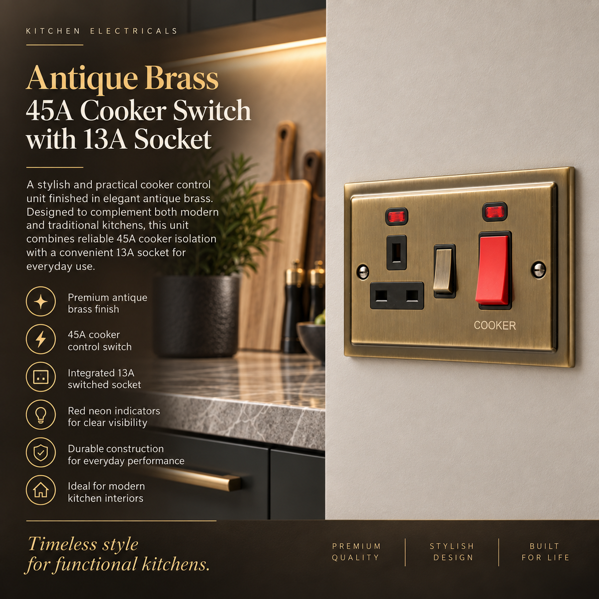 Regency Antique Brass 45A Cooker Switch with Socket R41AB