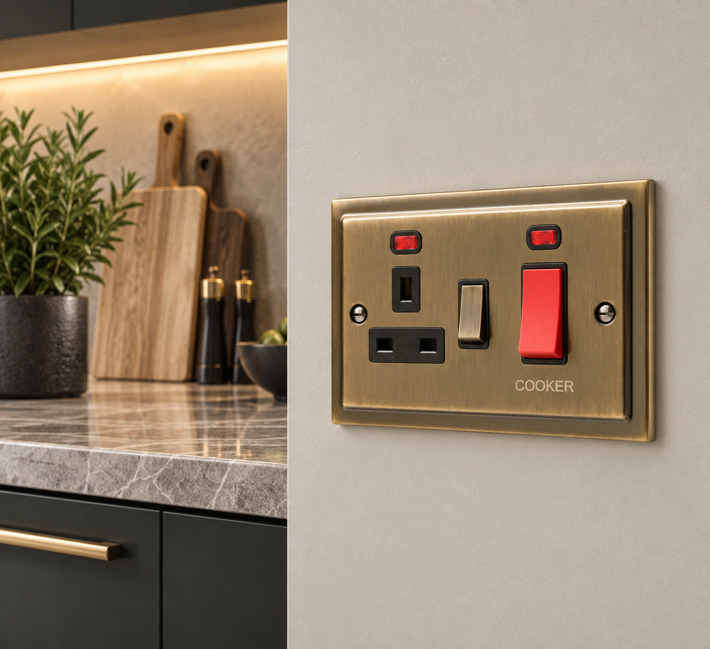 Regency Antique Brass 45A Cooker Switch with Socket R41AB