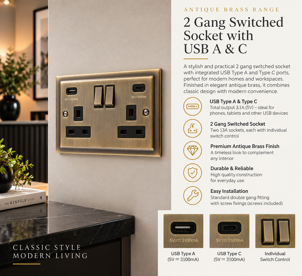 Regency Antique Brass USB A & C Type Switched Socket 2 Gang 3.1A - R67AB