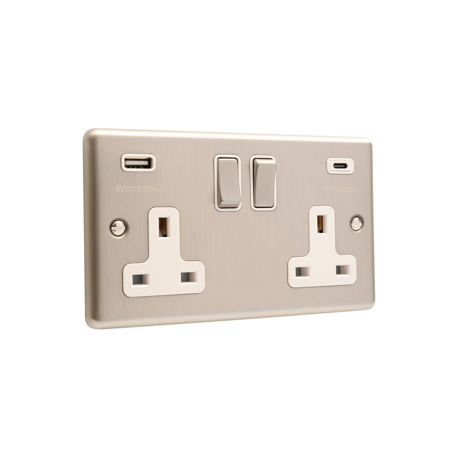 Windsor Brushed Steel White USB A & C Type Switched Socket 2 Gang 3.1A - W67BSW