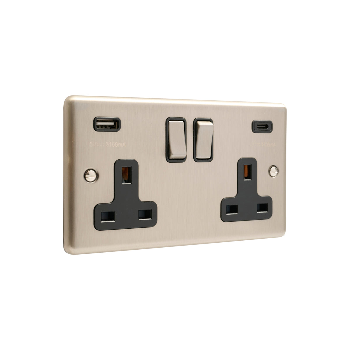 Windsor Brushed Steel Black USB A & C Type Switched Socket 2 Gang 3.1A - W67BSB