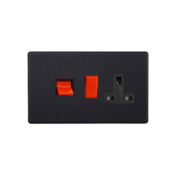 Matt Black Urban Screwless 45A Cooker Panel with 13A Double Pole Switched Socket Outlet (Red Rocker) XDY45PBS.MB