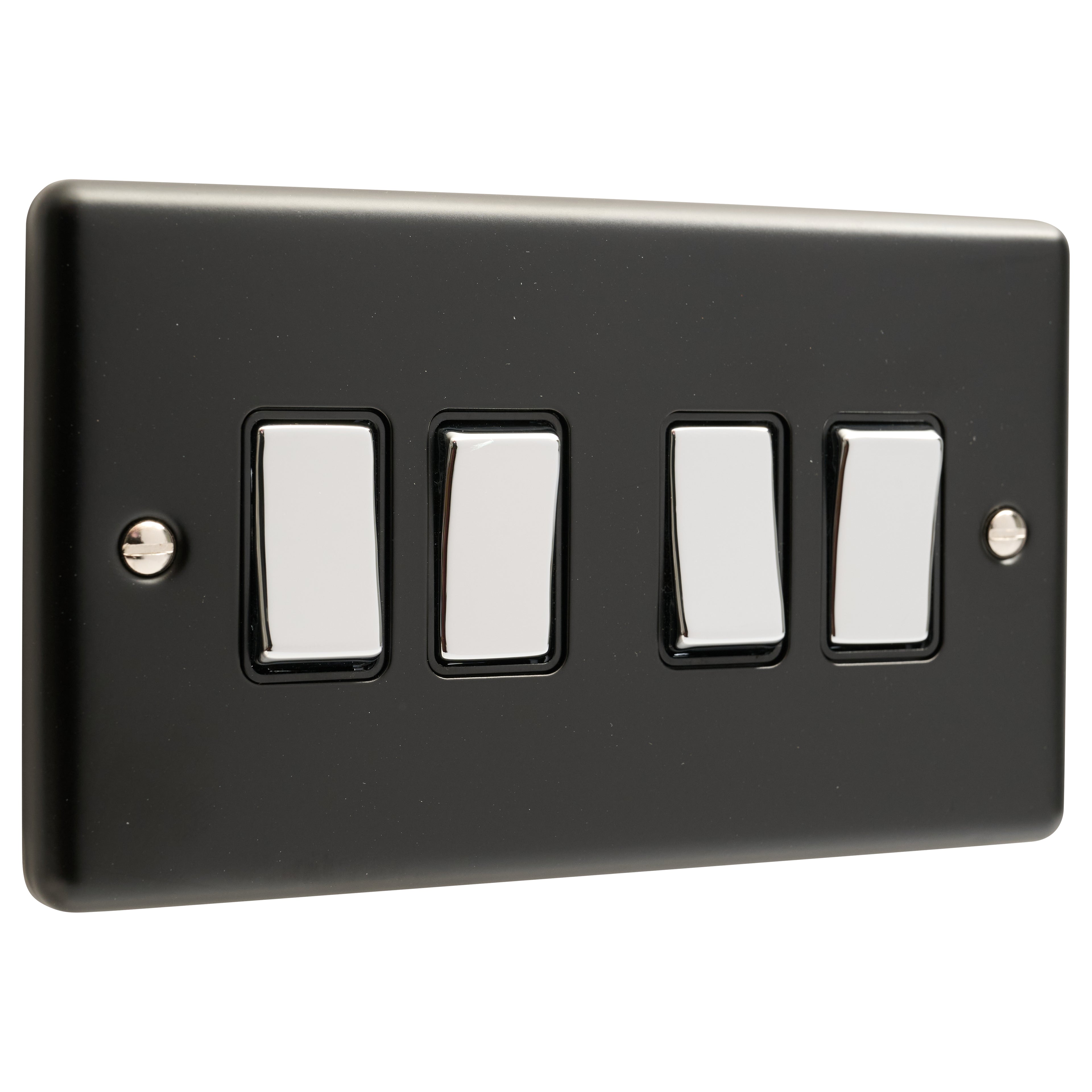 Matt Black 4 Gang 10A 2 Way Switch with Polished Chrome Rocker W04MBPC