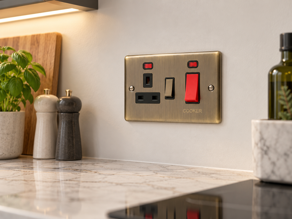 Windsor Antique Brass 45A Cooker Switch with Socket - W41AB
