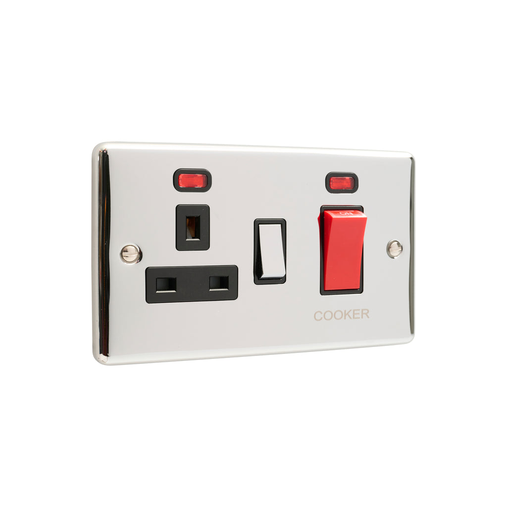 Polished Chrome 45A Cooker Switch with Socket - W41PCB