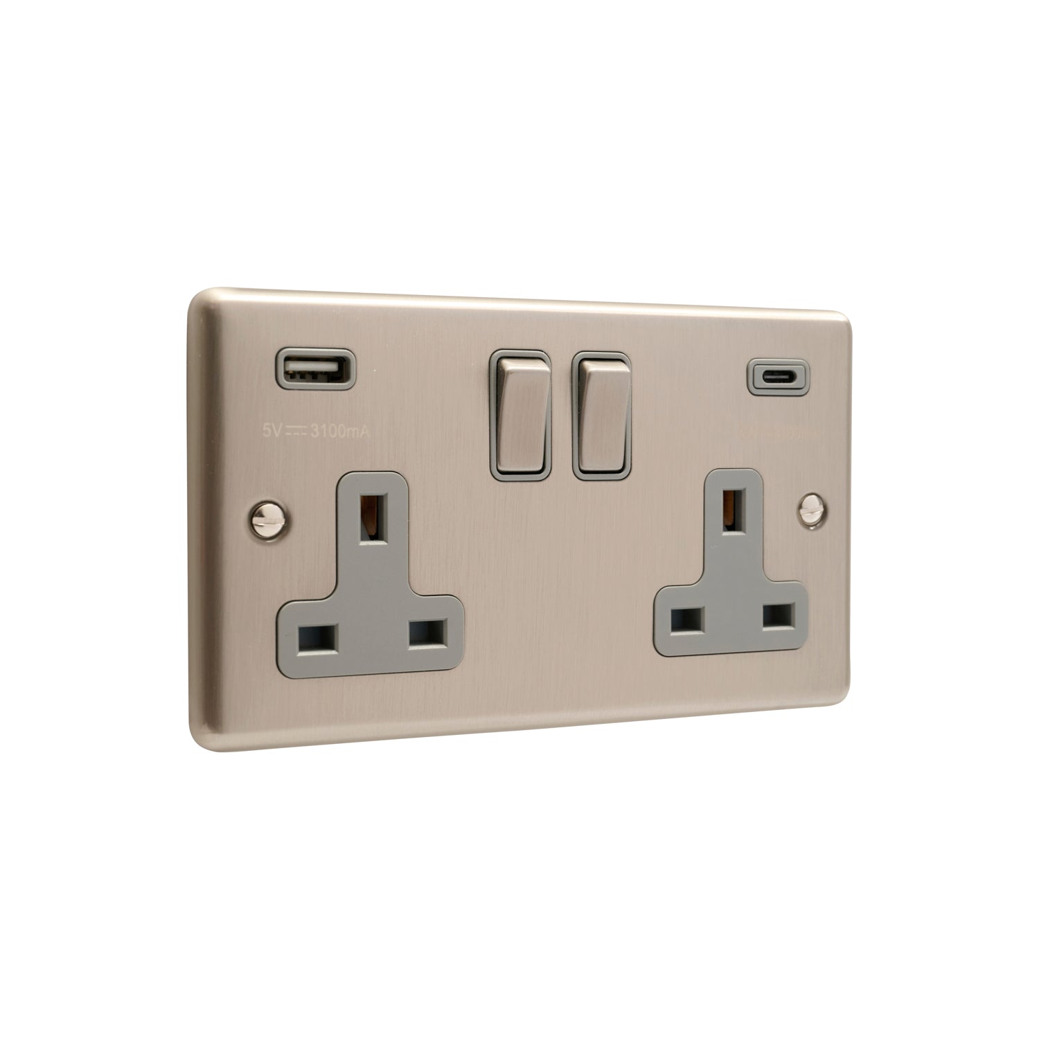 Windsor Brushed Steel White USB A & C Type Switched Socket 2 Gang 3.1A – W67BSG