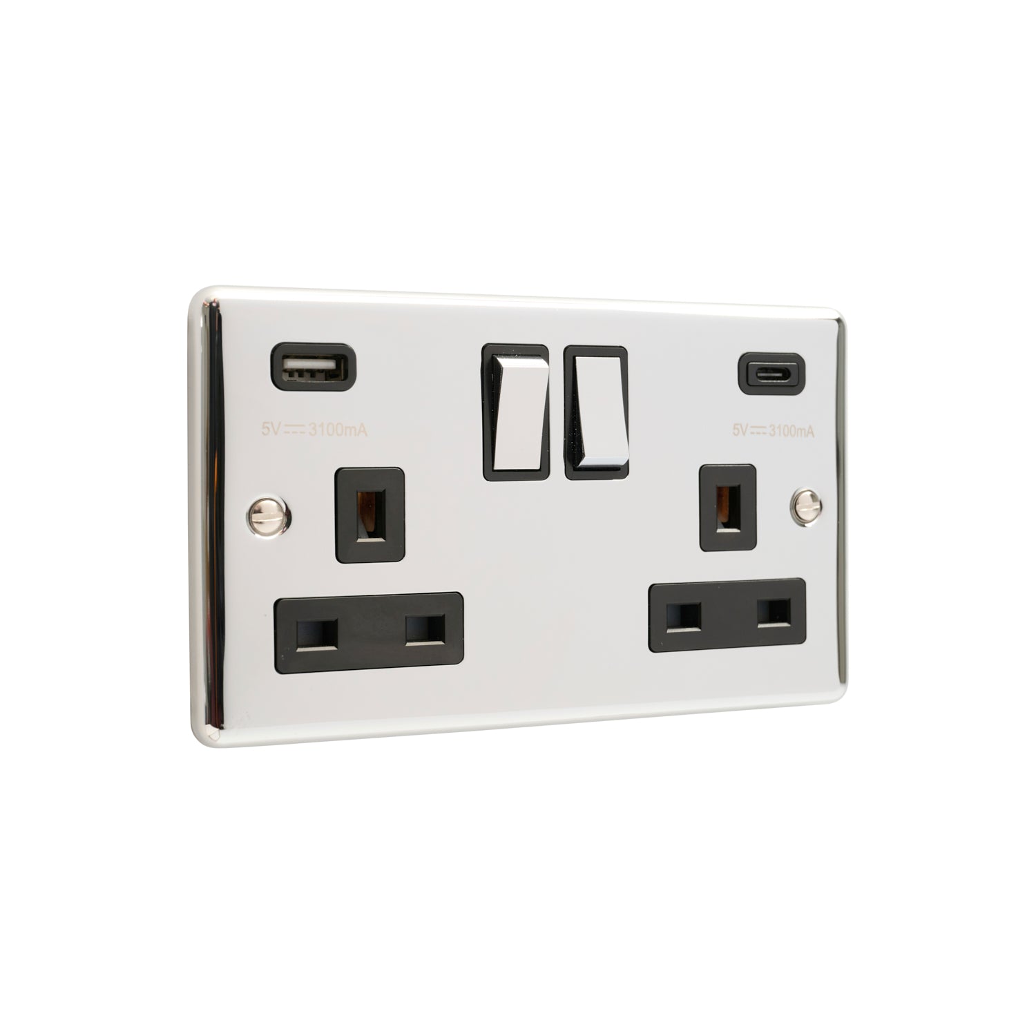 Polished Chrome Black USB A & C Type Switched Socket 2 Gang 3.1A – W67PCB